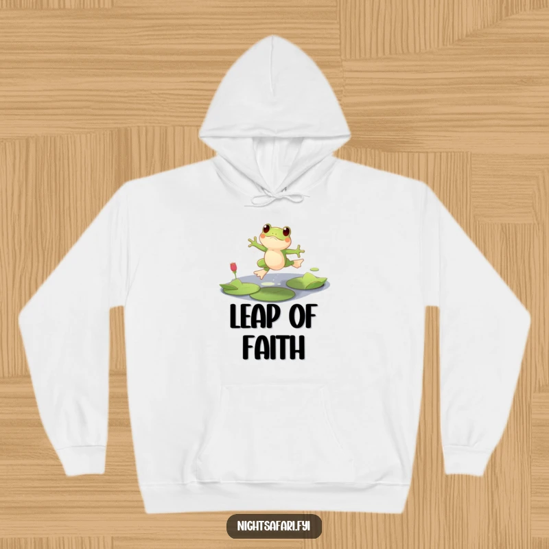 Funny hoodie featuring a playful frog character leaping over lily pads in dim light, perfect for cool weather.