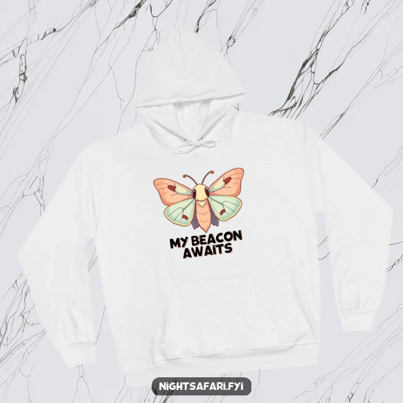 Funny Hoodie: A moth with large, inquisitive antennae humorously captivated by a soft, ambient light source.