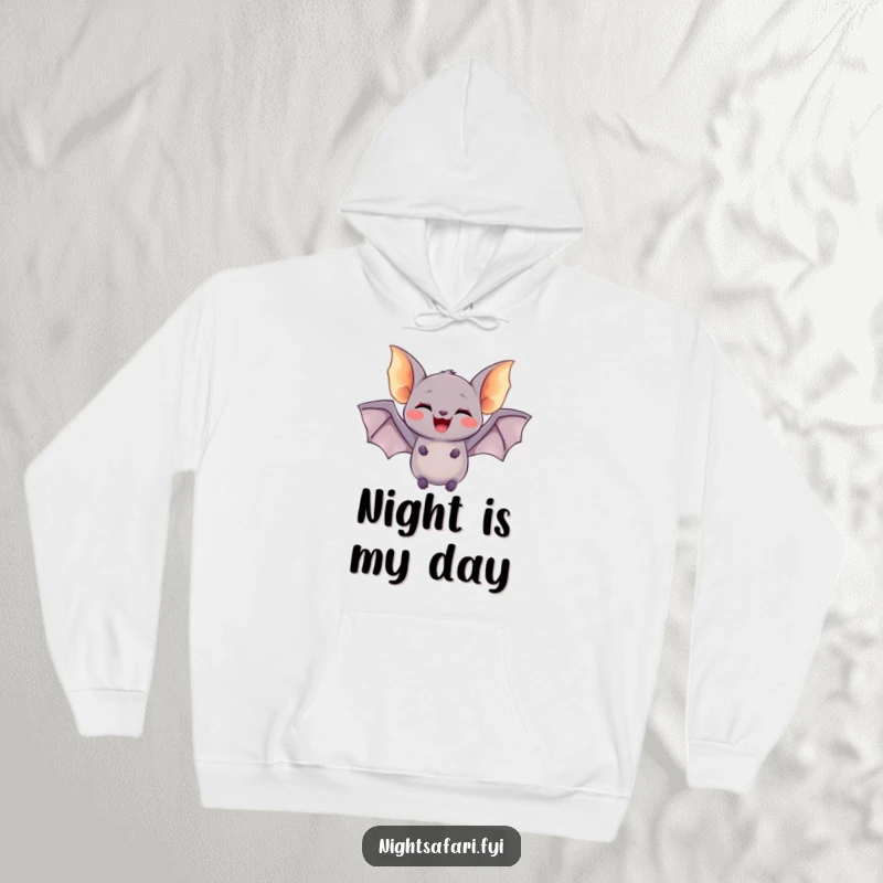 Funny hoodie with a delighted bat featuring tiny glowing wings, doing a joyful flutter, perfect for cozy, humorous, and spooky wear.