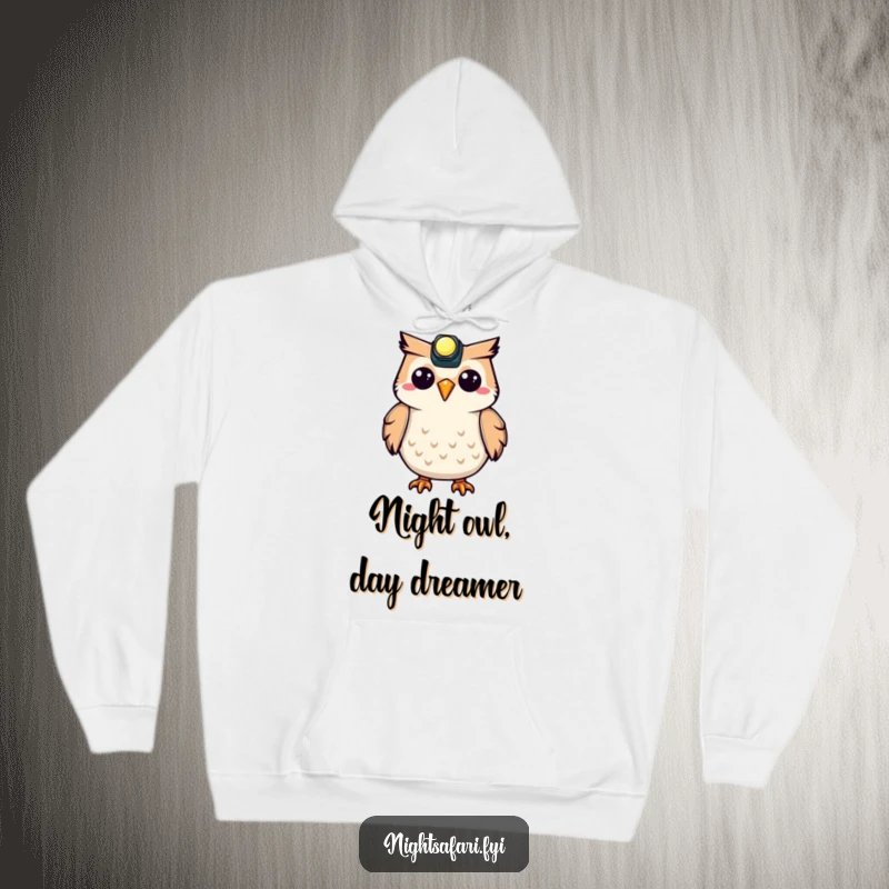 Funny Owl Hoodie featuring a delighted owl with a bright headlamp, perfect for cozy nights and humorous gifts.