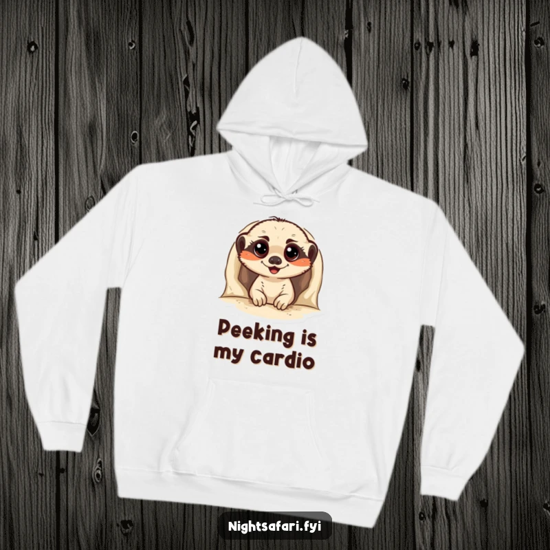 Funny Meerkat Hoodie depicting a happy meerkat peeking out of its burrow, a symbol of warmth and playful wonder.