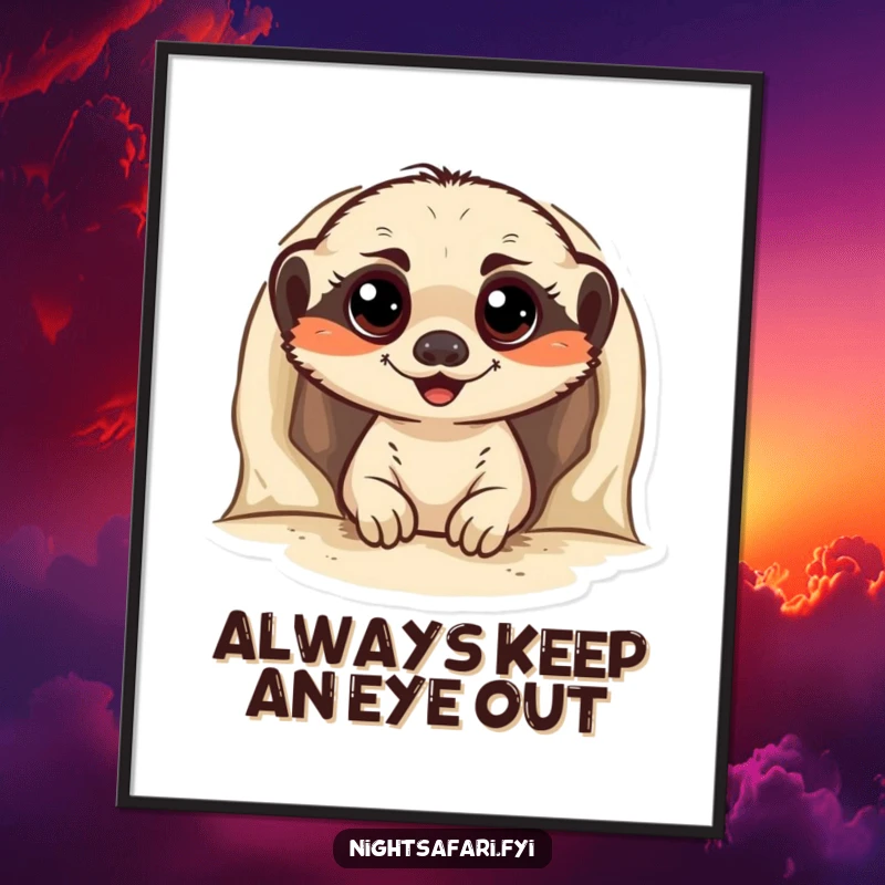 Funny Free Printable Wall Art: Cheerful meerkat peeking from its burrow, wide-eyed and curious. Whimsical downloadable decor.