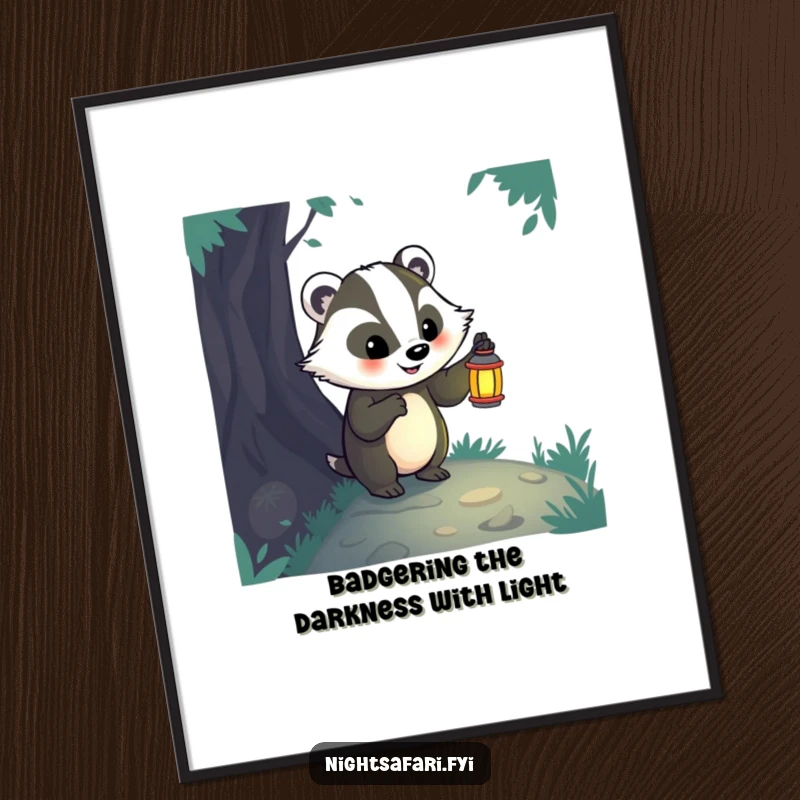 Funny Free Printable Badger Wall Art: A happy badger with a lantern exploring a dark path, offering downloadable adventurous art.