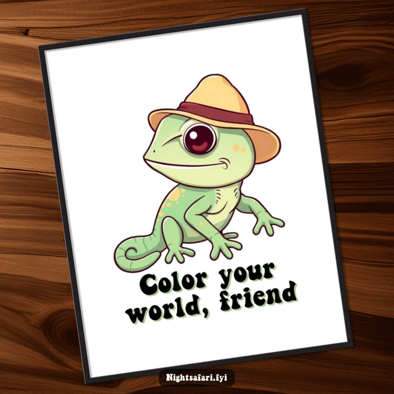 Funny Free Printable Wall Art: Cheerful chameleon wearing a safari hat, changing colors in a playful pose.