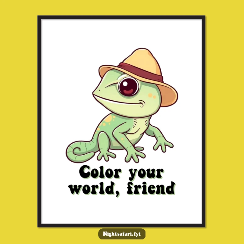 Funny Free Printable Wall Art: Cheerful Chameleon Safari Hat - Quirky Downloadable