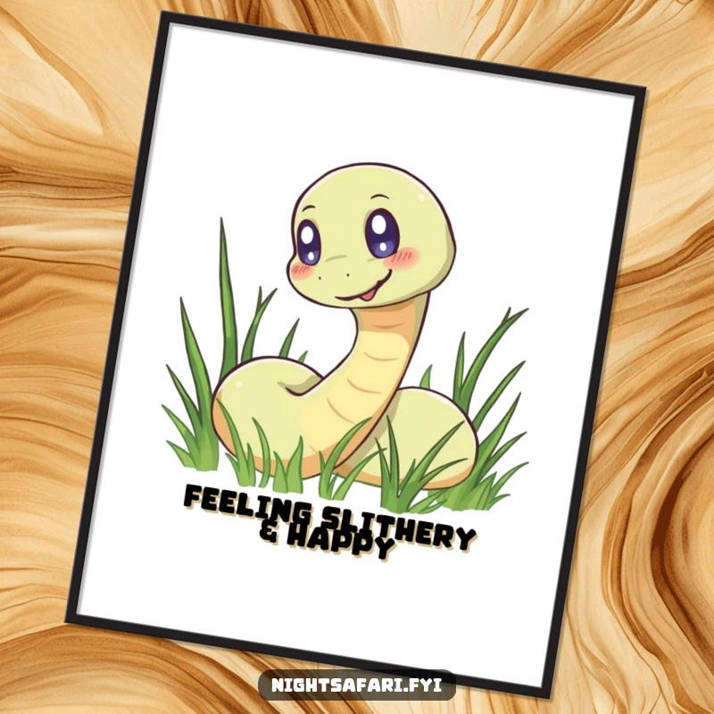 Funny Free Printable Wall Art of a smiling snake with hypnotic glowing eyes slithering through vibrant grass, adding quirky charm.
