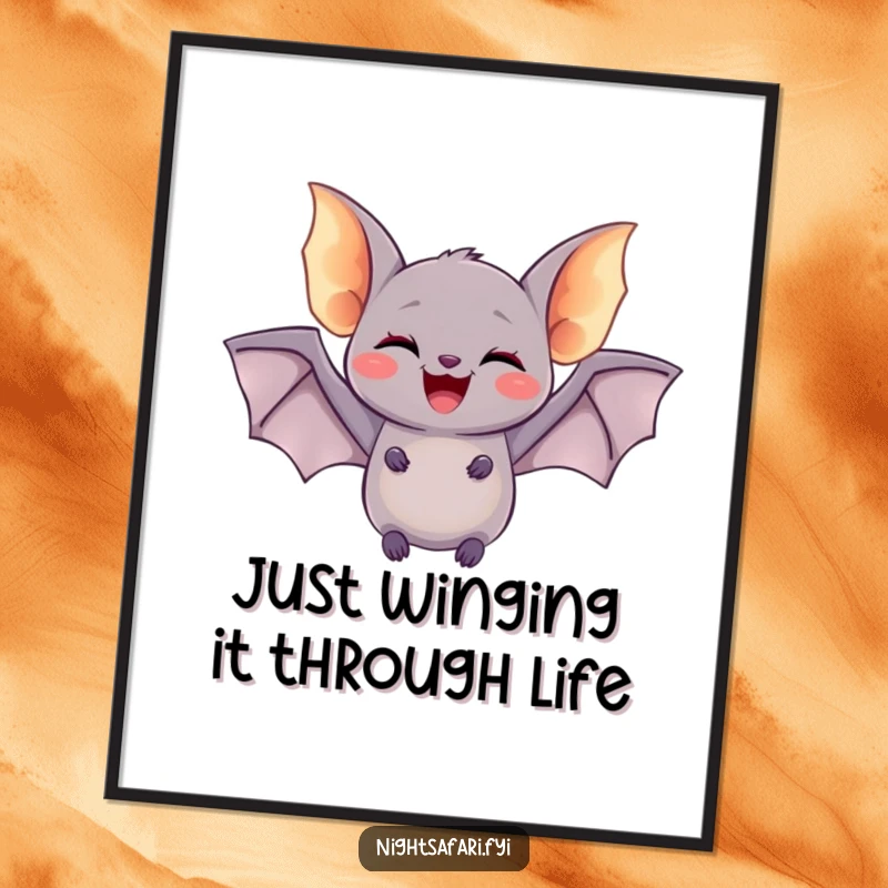Funny Free Printable Wall Art: A delighted bat with tiny glowing wings doing a joyful flutter, perfect for whimsical decor.