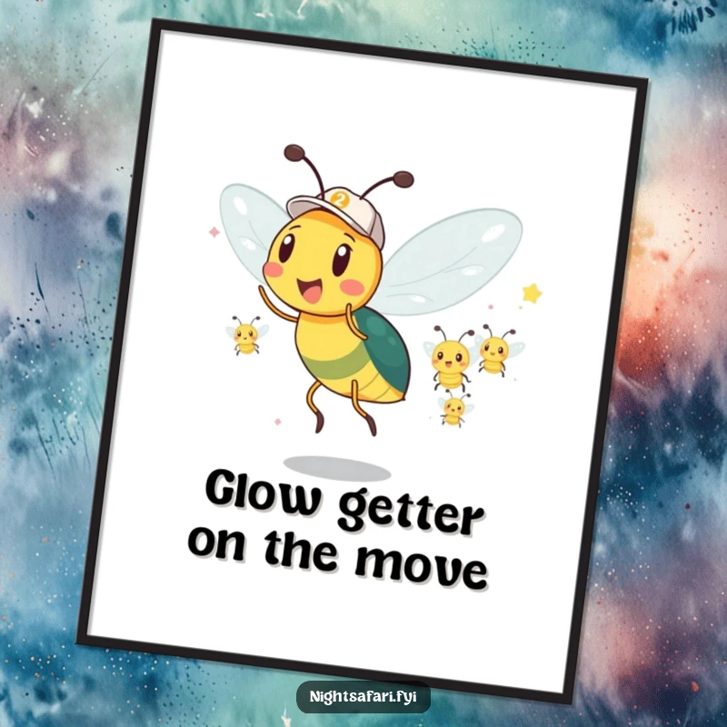Funny Free Printable Wall Art: An excited firefly in a cap leading a vibrant parade of glowing fireflies.