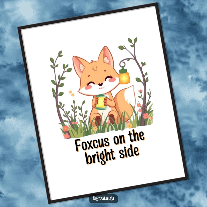 Funny Free Printable Wall Art: A smiling fox with a glowing lantern playfully peeking from bushes, enchanting home decor.
