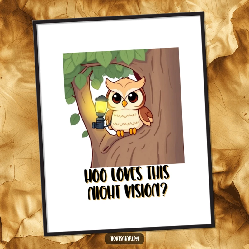 Funny Free Printable Owl Wall Art: A cute owl with a tiny headlamp, curiously peeking from a tree, offering downloadable whimsical art.