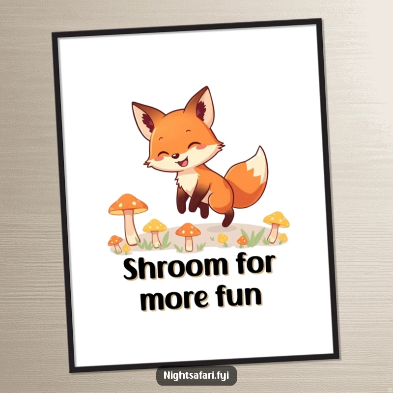 Funny Free Printable Wall Art: A fox with a bright smile tiptoeing through a mystical forest of glowing mushrooms.