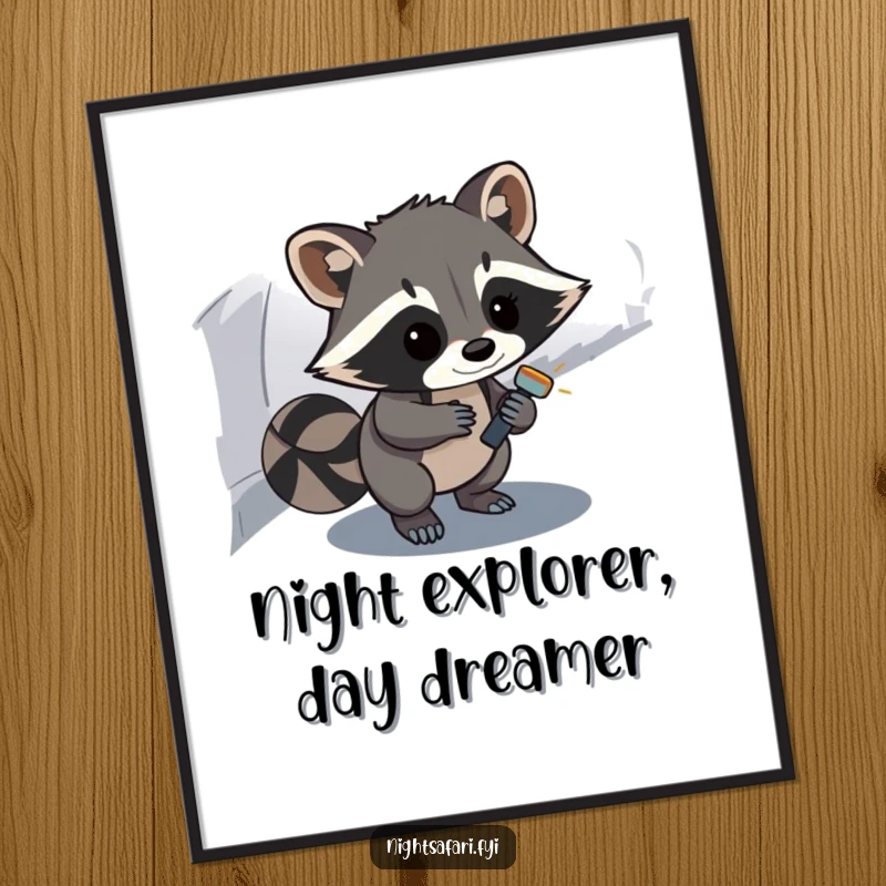 Funny Free Printable Wall Art: A curious raccoon bravely explores a shadowy path with a small flashlight.