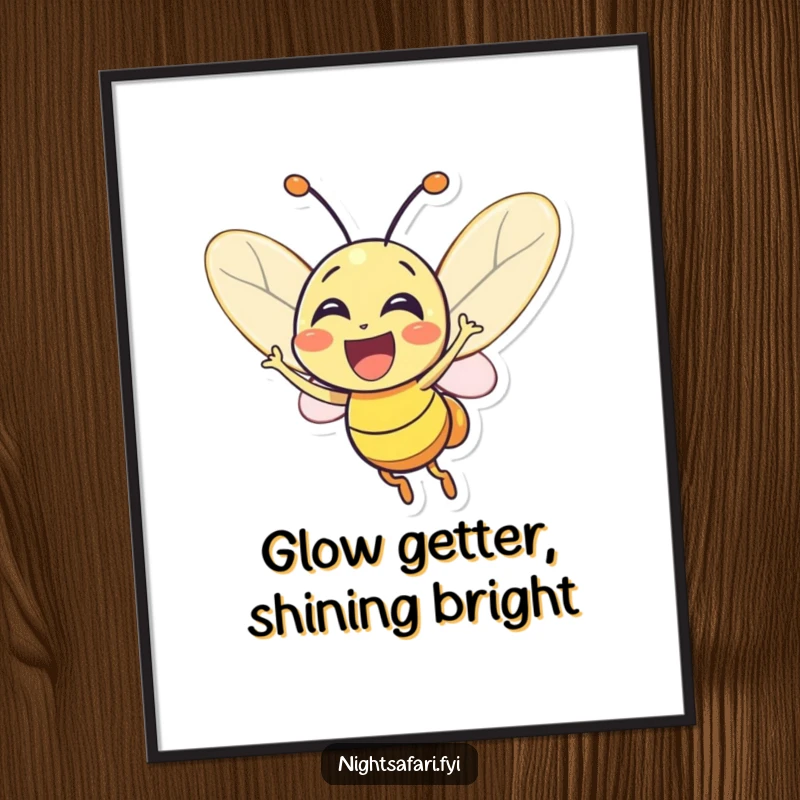 Funny Free Printable Wall Art: Excited firefly character glowing brightly with pure joy. Magical downloadable decor.