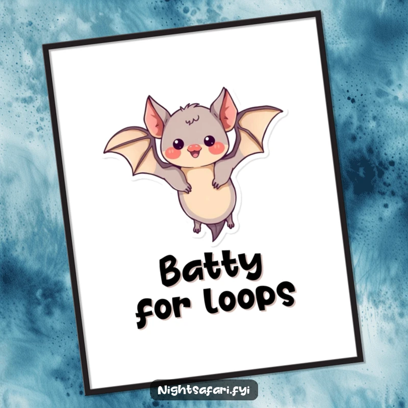 Funny Free Printable Wall Art of a curious bat with tiny wings performing a playful loop, adding a whimsical touch to any room.