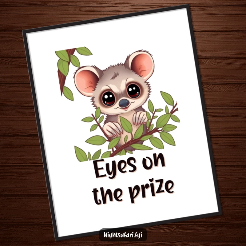 Funny Free Printable Wall Art: A curious bushbaby with large, expressive eyes peering from behind leafy foliage.
