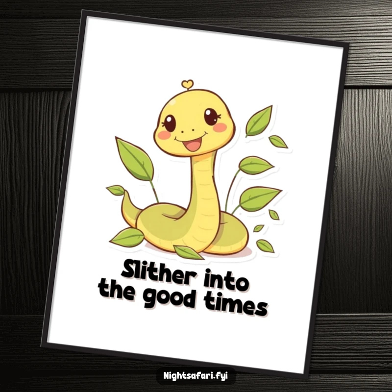 Funny Free Printable Wall Art: A happy snake character is playfully slithering amongst vibrant autumn leaves.