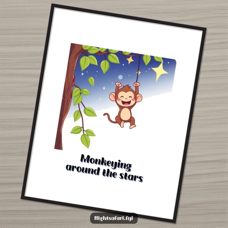 Funny Free Printable Wall Art: Playful monkey swinging gleefully from a vine under a vast, starry sky, a scene of pure joy.