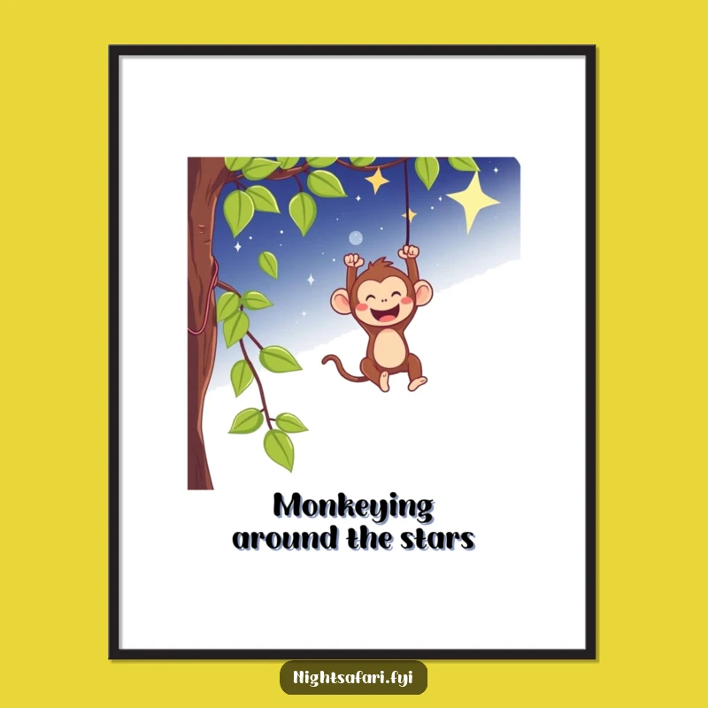 Funny Free Printable Wall Art: Monkey Swinging Starry Sky - Downloadable Whimsical Decor