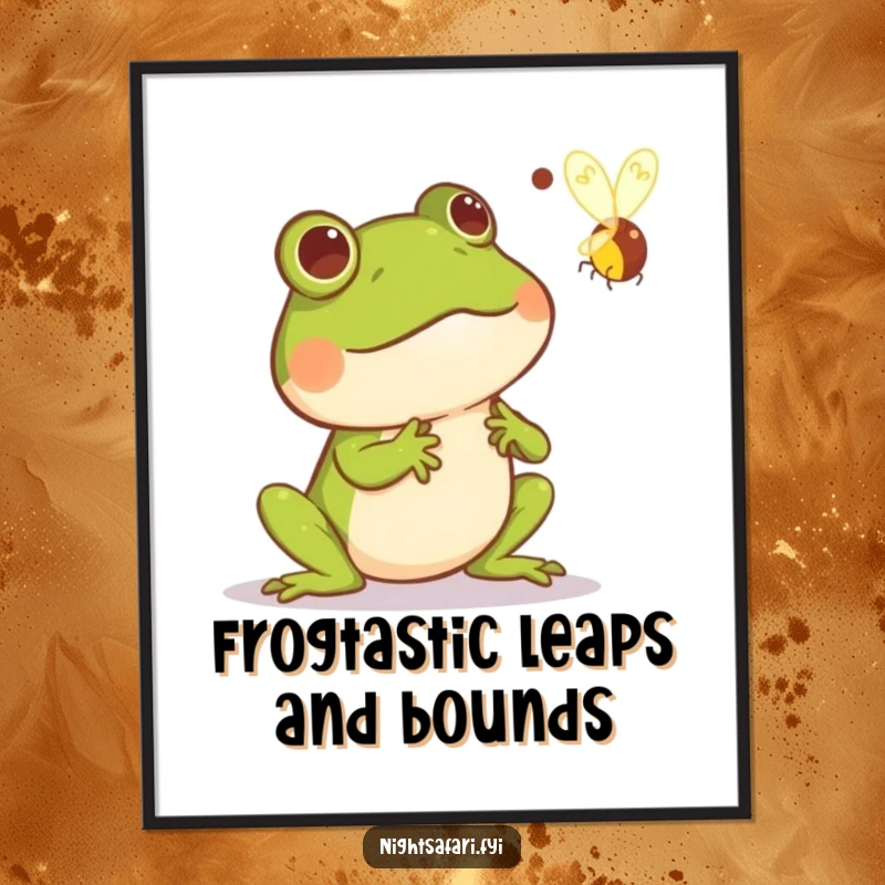 Funny Free Printable Wall Art: A frog comically startled by a glowing firefly zipping past, adding humor to decor.
