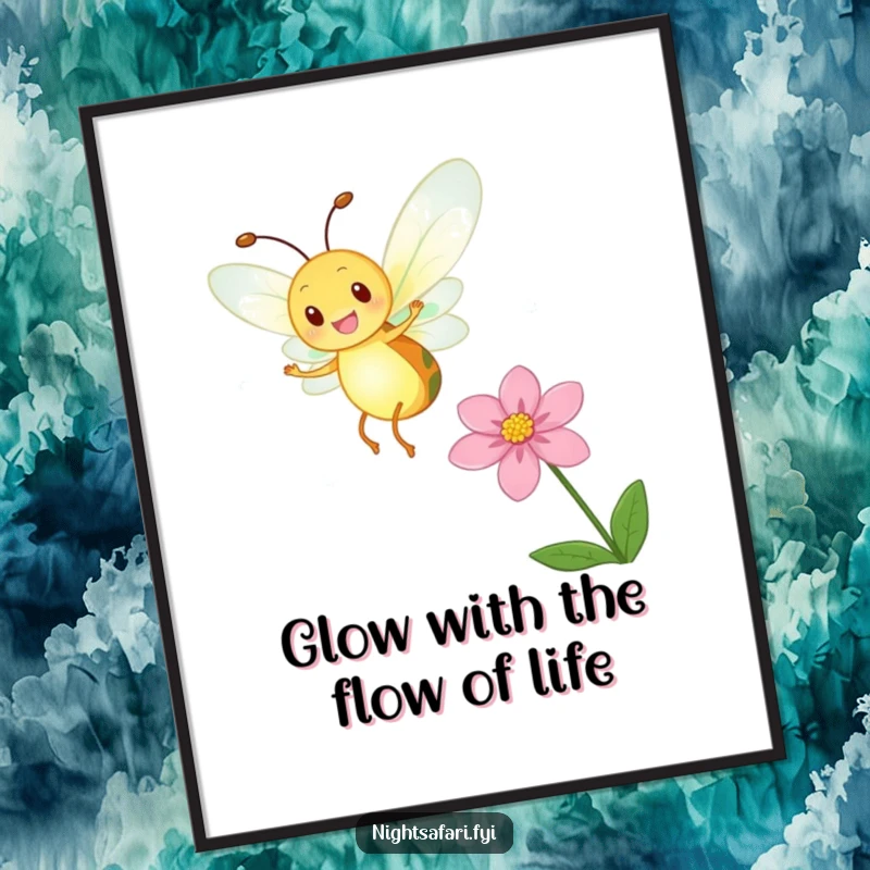 Funny Free Printable Wall Art: A delighted firefly with a glowing body dances merrily near a flower, creating a magical scene.