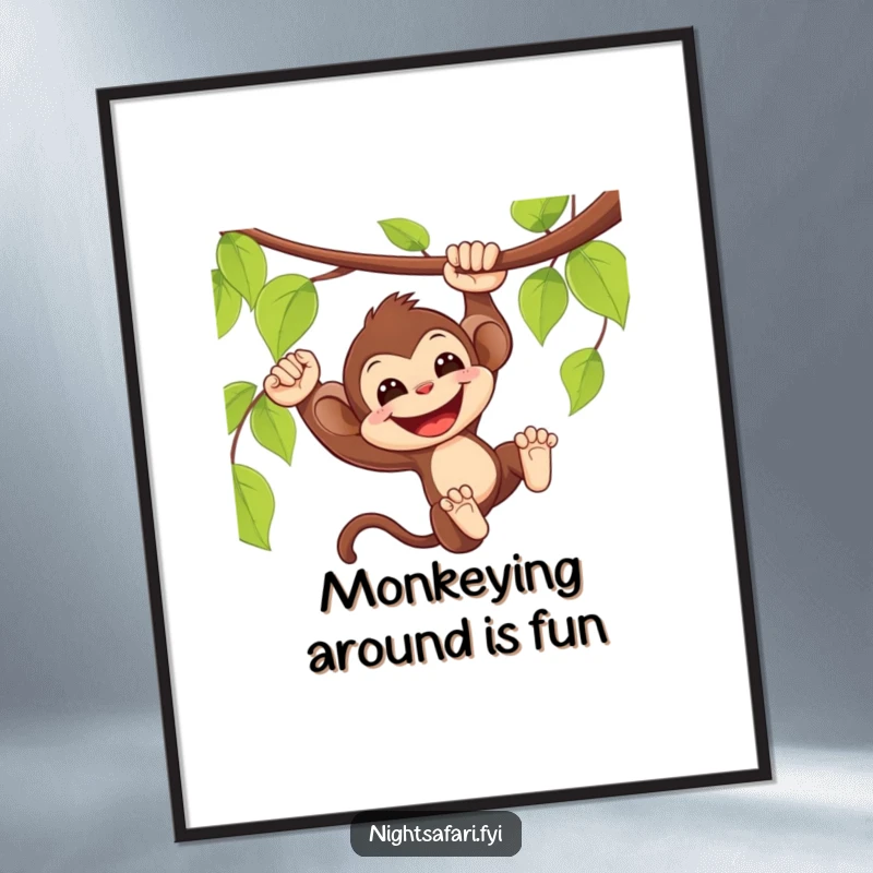 Funny Free Printable Wall Art: Delighted monkey swinging from a vine with a smile, perfect for humorous downloadable DIY home decor.