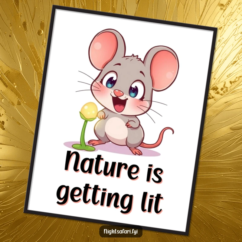 Funny Free Printable Wall Art: Wide-eyed mouse staring in wonder at a magical glowing plant.
