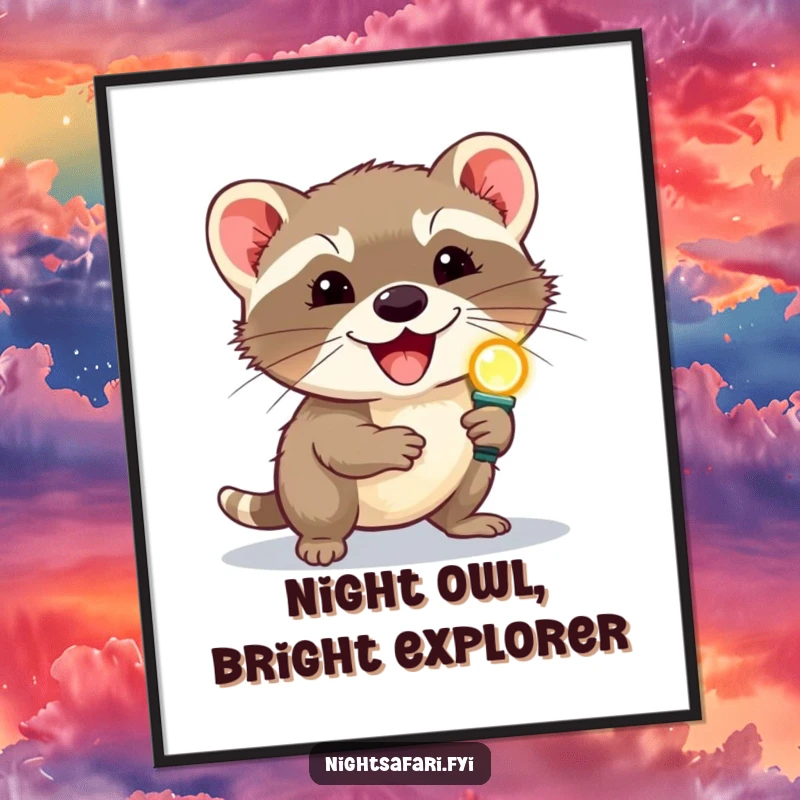 Funny Free Printable Wall Art: A delighted civet wearing a headlamp, scurrying with energy, perfect for adding quirky humor to decor.