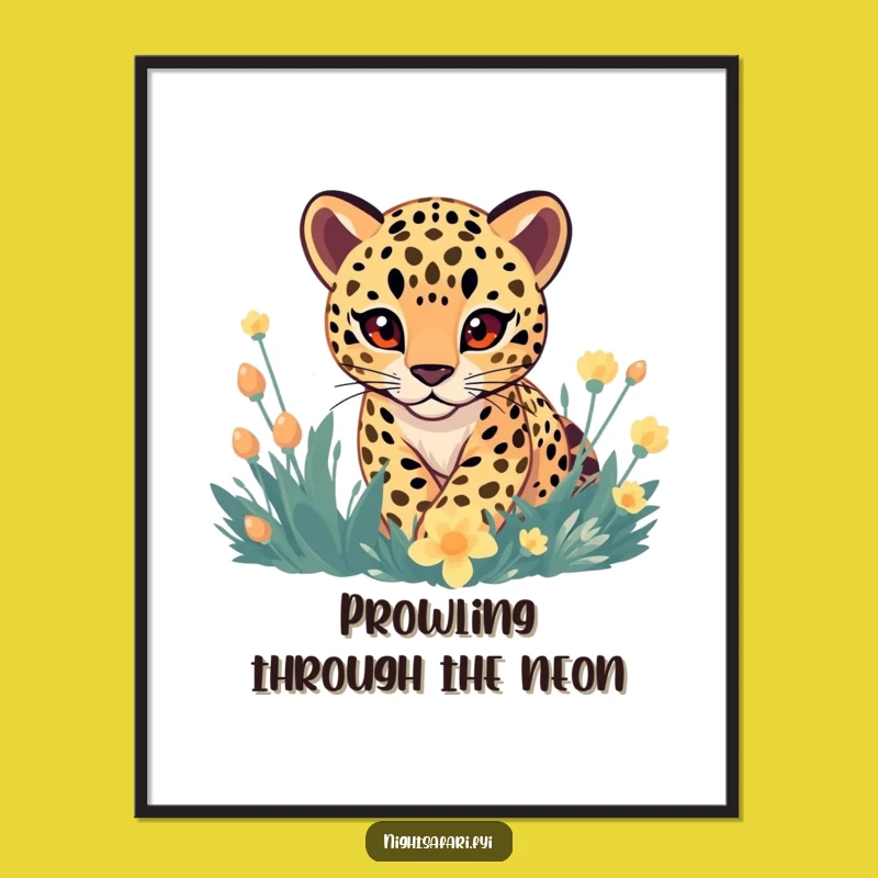 Free Printable Wall Art: Playful Leopard Among Glowing Flora, Funny Downloadable Decor!
