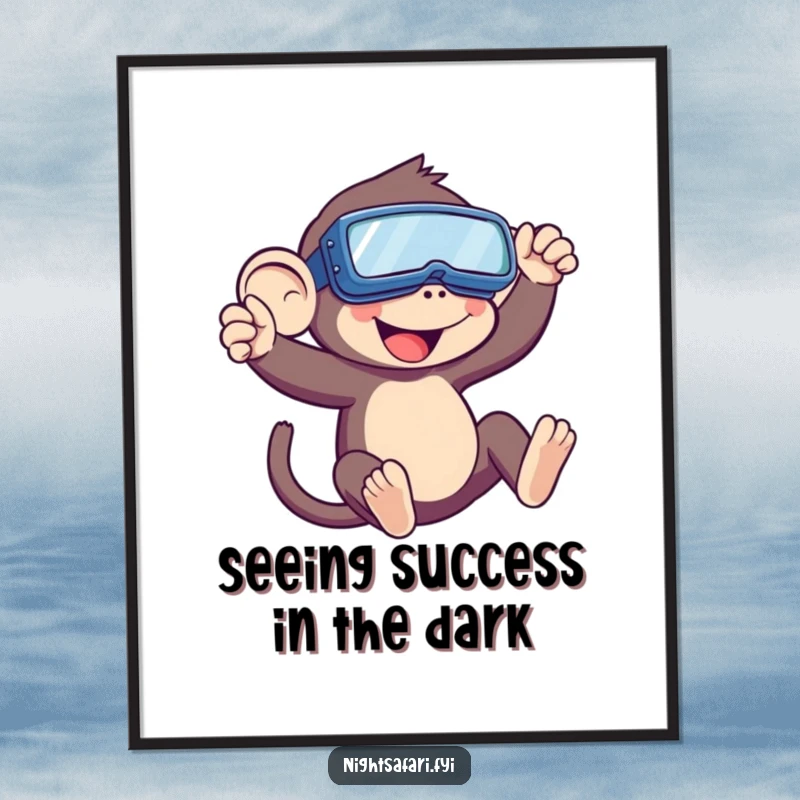 Funny Free Printable Wall Art: Playful monkey in night vision goggles, swinging through the dark jungle. Energetic downloadable art.