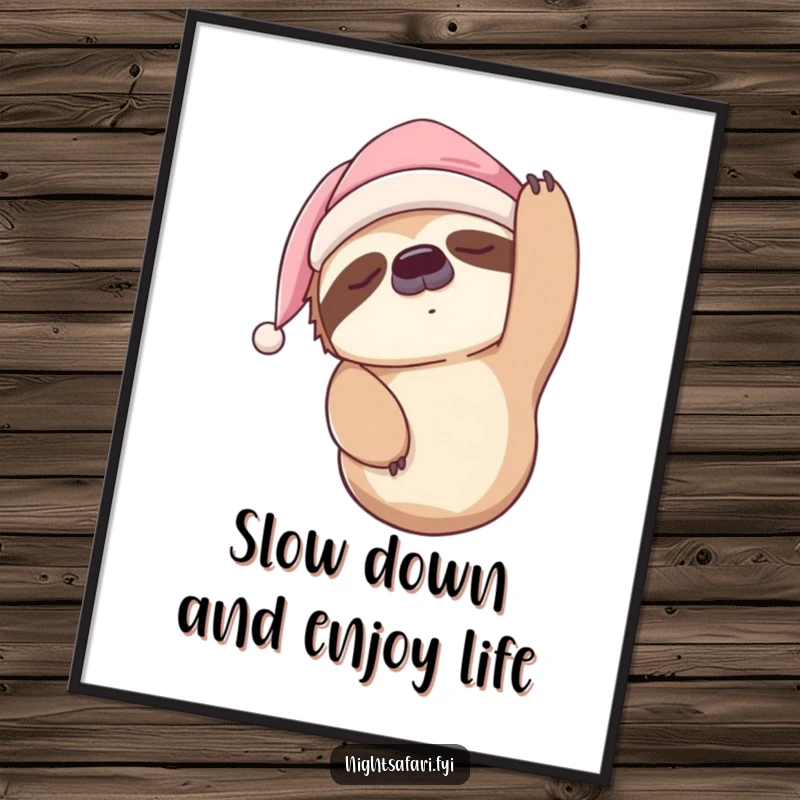 Funny Free Printable Wall Art: A sleepy sloth wearing a nightcap hangs upside down, creating a chill and humorous vibe.