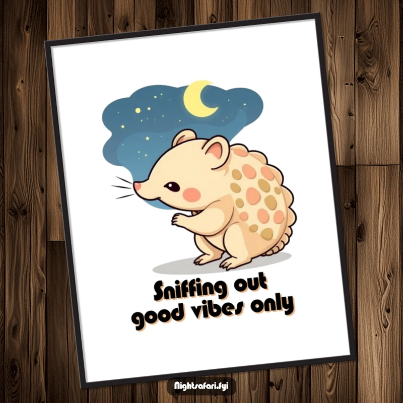 Funny Free Printable Wall Art: A curious pangolin character intently sniffing the cool night air.