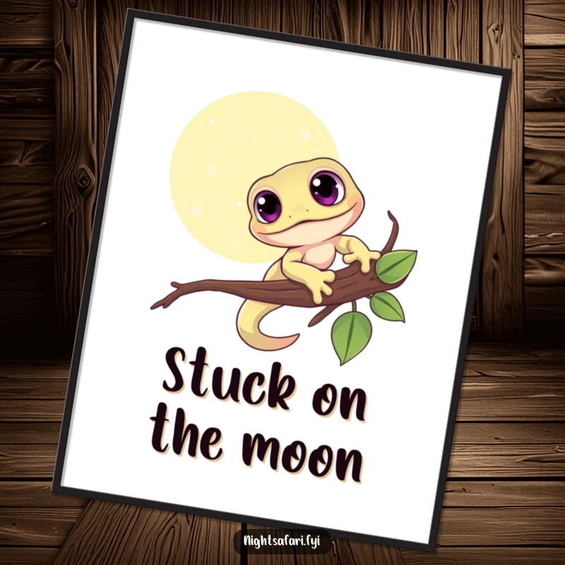 Funny Free Printable Wall Art of a cute gecko with large eyes clinging to a moonlit branch, creating a whimsical atmosphere.