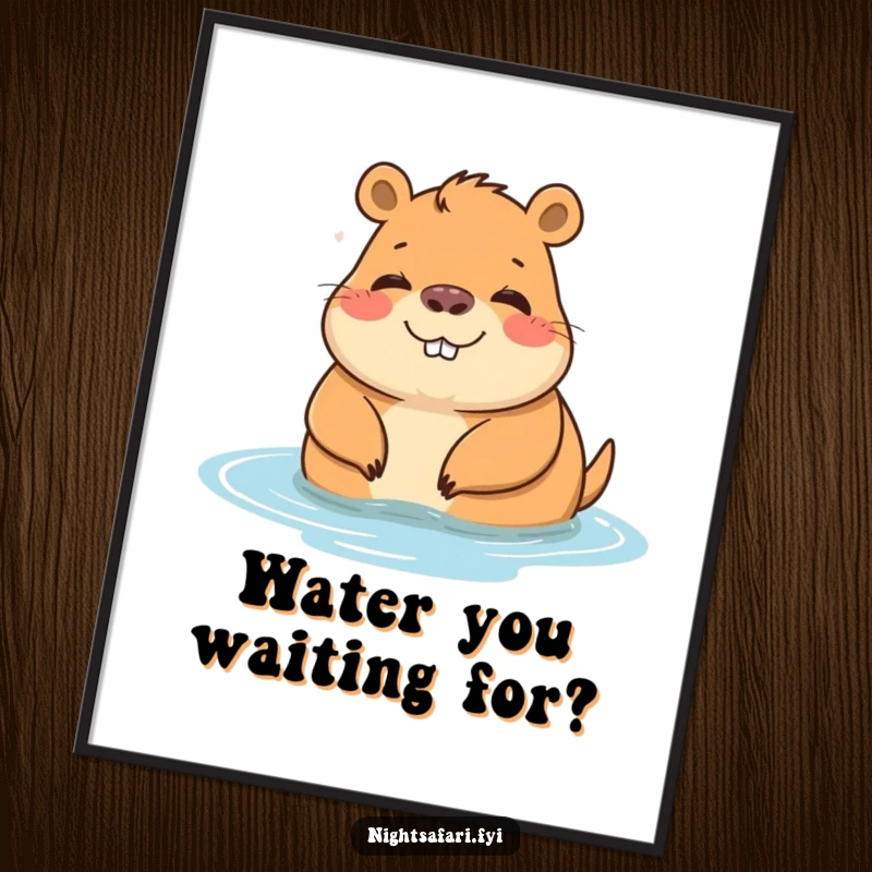 Funny Free Printable Wall Art: Cheerful capybara character lounging serenely by the water, bringing calm vibes.