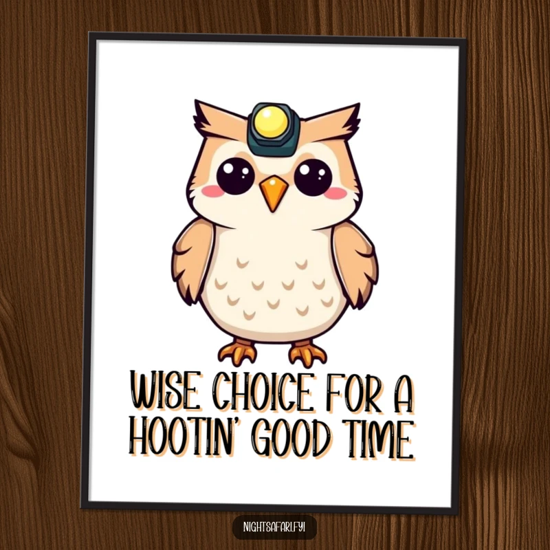Funny Free Printable Wall Art: A happy owl with a tiny headlamp hoots joyfully, perfect for quirky home decor.