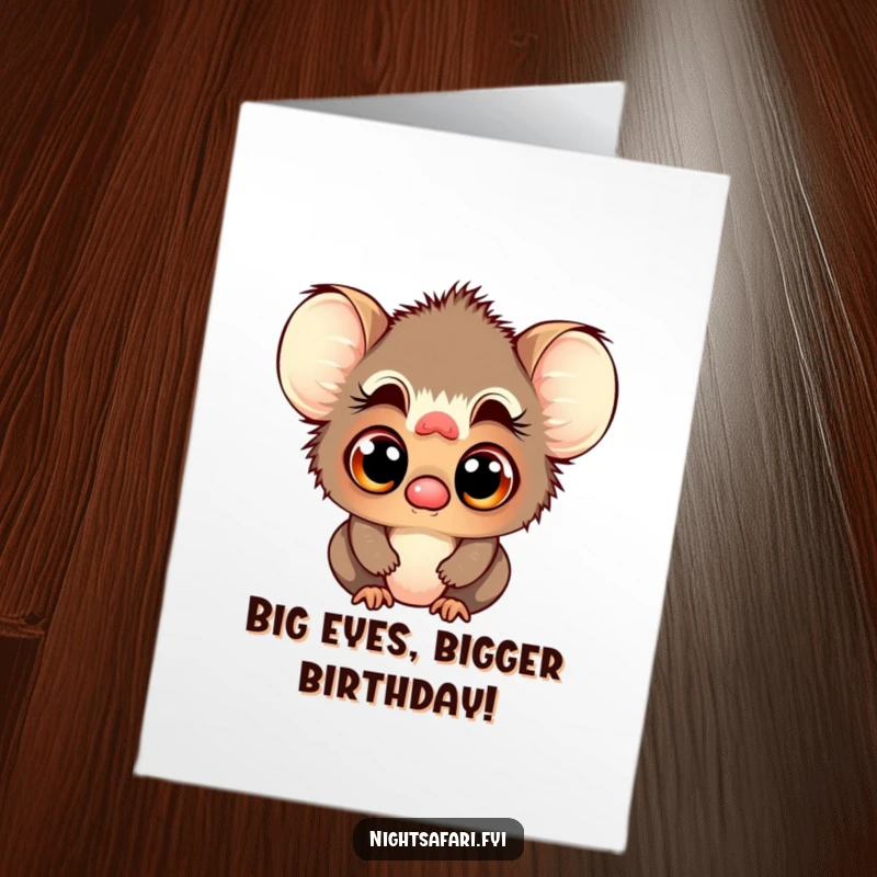 Funny Free Printable Birthday Card: Playful tarsier character with large, curious eyes peeking out with excitement.