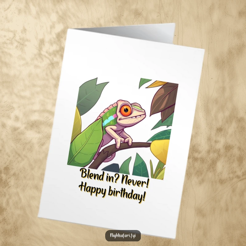 Funny Free Printable Birthday Card: A determined chameleon camouflaged against a vibrant jungle leaf, wishing a happy birthday.