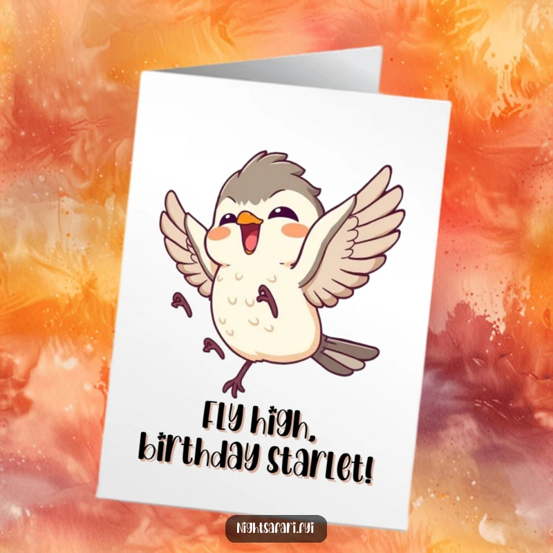 Funny Free Printable Birthday Card: Giggling nightjar character soaring with pure delight, ready to deliver birthday wishes.