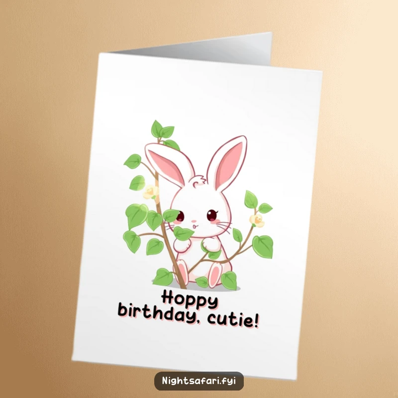 Funny Free Printable Birthday Card: Cute bunny character peeking from behind a luminous vine, full of joy.