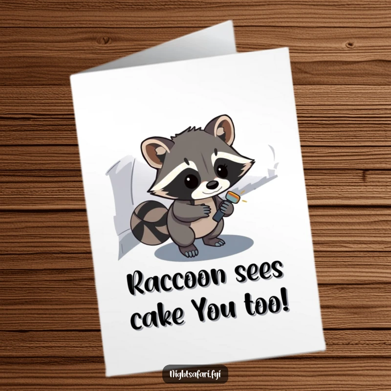 Funny Free Printable Birthday Card: Curious raccoon with flashlight exploring a dark path, ready to celebrate.