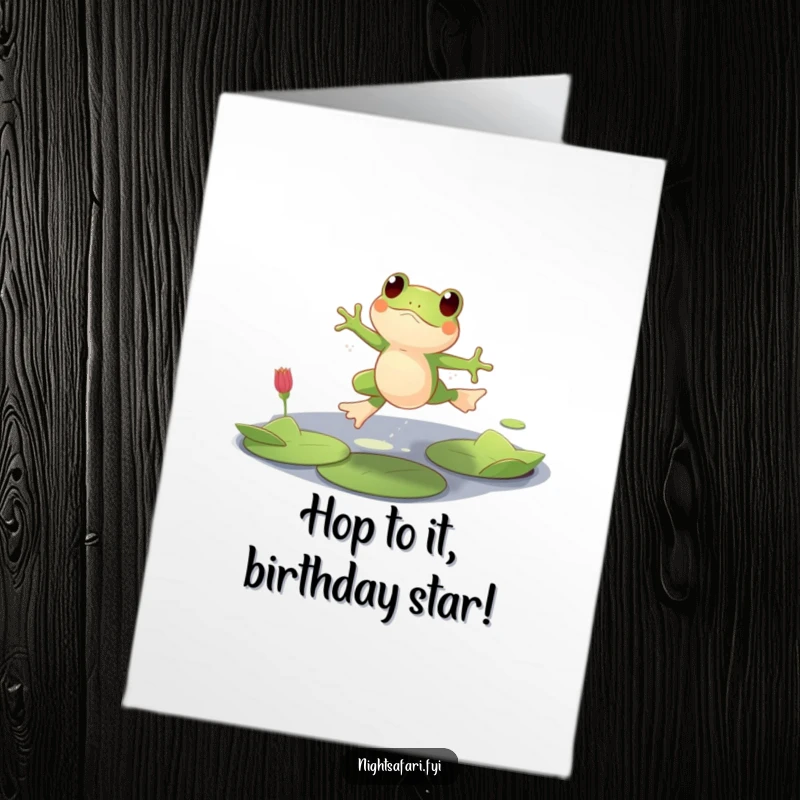 Funny Free Printable Birthday Card: A playful frog jumps across lily pads in dim light, celebrating with glee.