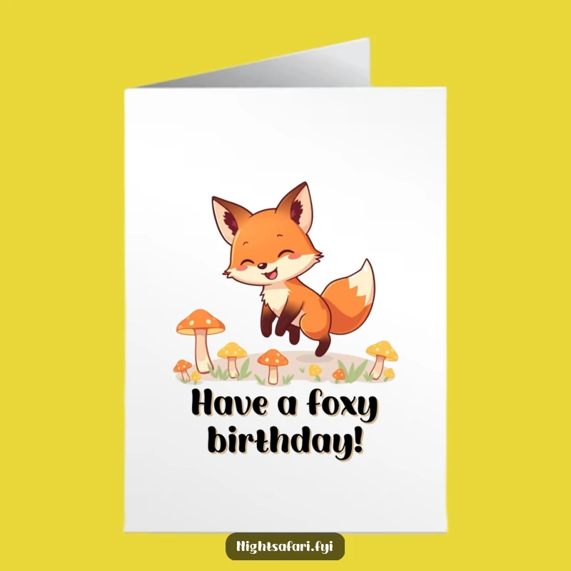 Free Printable Birthday Card: Smiling Fox in Mushrooms, Your Funny Downloadable Gift