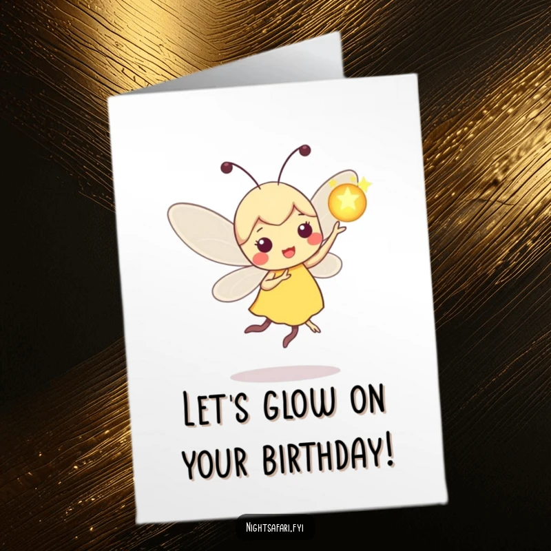 Funny Free Printable Birthday Card: Playful firefly dancing with a glowing orb, ideal for a downloadable DIY gift.