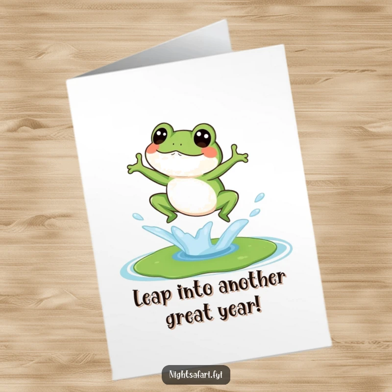Funny Free Printable Birthday Card: A giggling frog making a big splash as it jumps on a lily pad.
