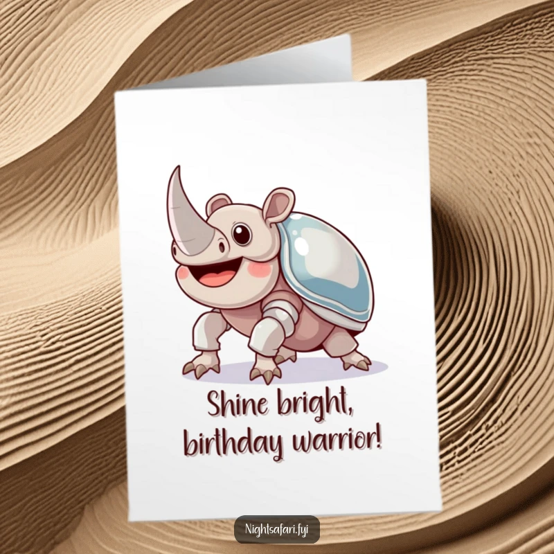 Funny Free Printable Birthday Card: A joyful rhinoceros beetle with impressive shiny armor, happily crawling upwards.