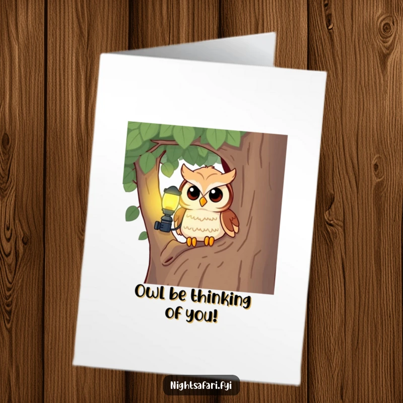 Funny Free Printable Owl Birthday Card featuring a cute owl with a tiny headlamp, peeking from a tree, offering a bright and downloadable wish.