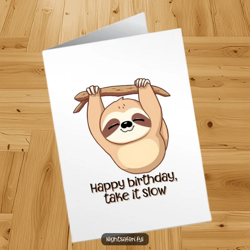 Funny Free Printable Birthday Card: A sleepy sloth hanging upside down gives a slow, charming wink for birthdays.
