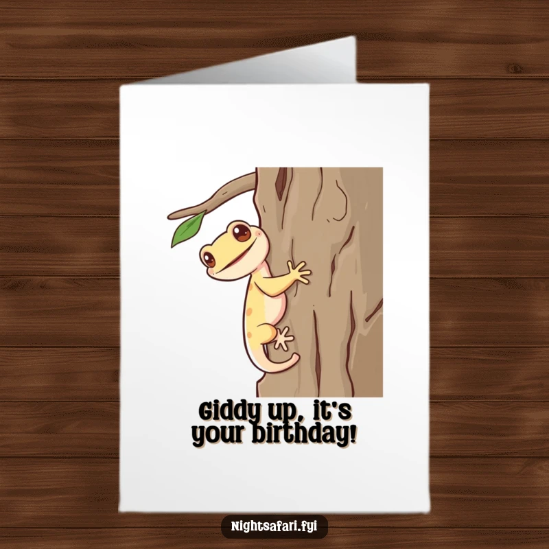 Funny Free Printable Birthday Card: A giggling gecko with a long tail enthusiastically scurrying up textured bark.