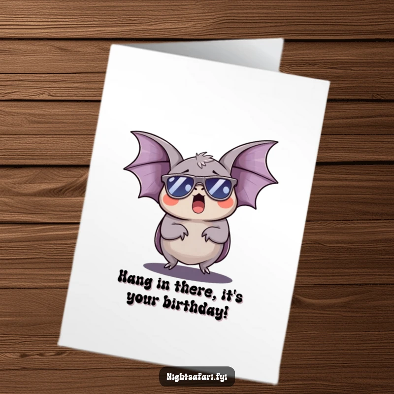 Funny Free Printable Birthday Card: A sleepy bat in sunglasses yawning wide during the day, wishing happy birthday.
