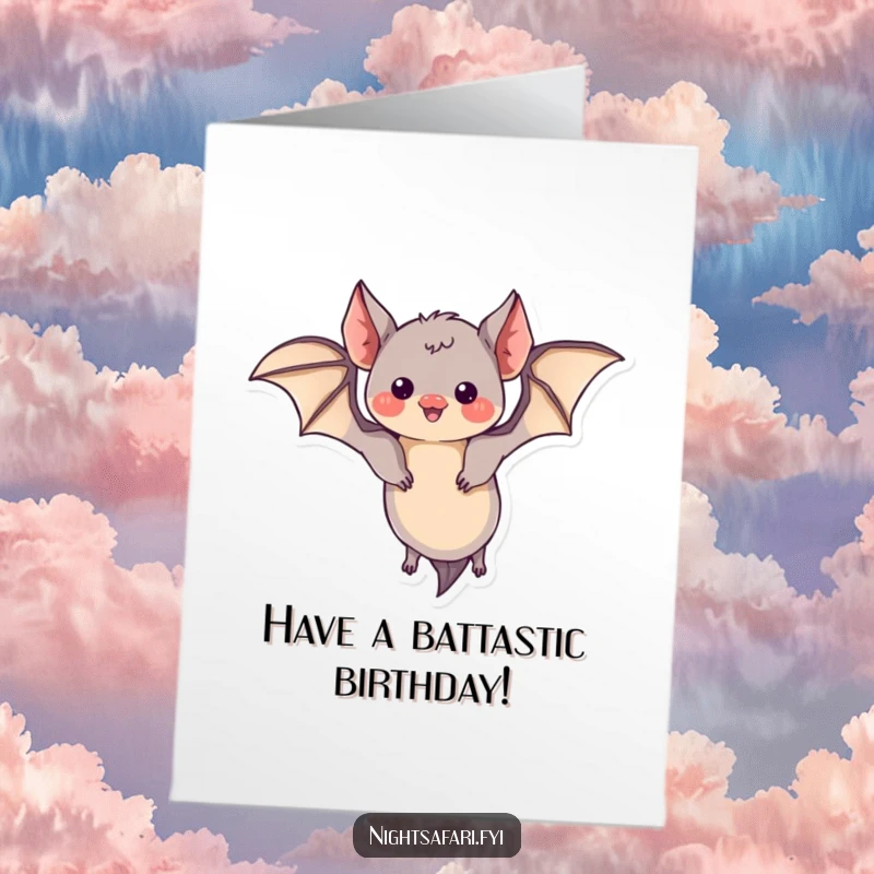 Funny Free Printable Happy Birthday card showing a curious bat with tiny wings doing a joyful loop-the-loop in the sky.