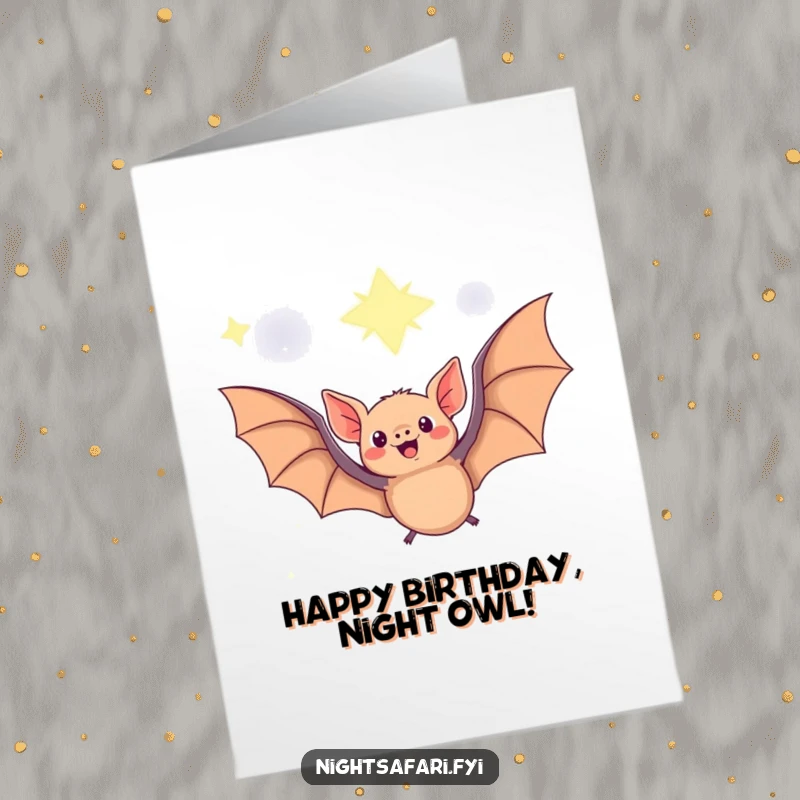 Funny Free Printable Fruit Bat Birthday Card: Delighted fruit bat flying under a starry night sky, celebrating birthdays with whimsy.